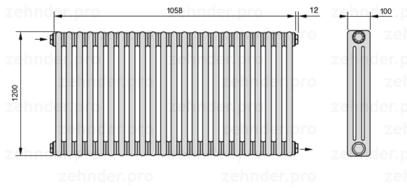 Схема (чертеж) Радиатор Zehnder Charleston 3120/23 №1670 Белый глянцевый RAL 9016